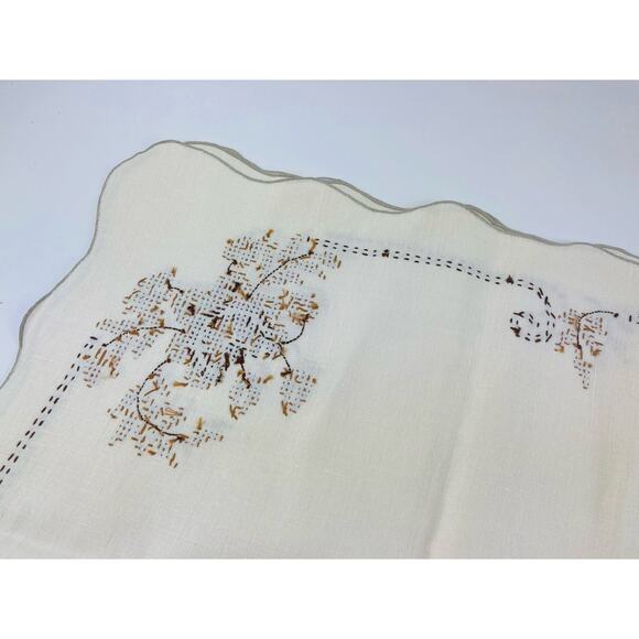 VTG Tablecloth Hand Embroidered CROSS STITCH Cream Brown Floral Neutral Taupe Es - Picture 12 of 16